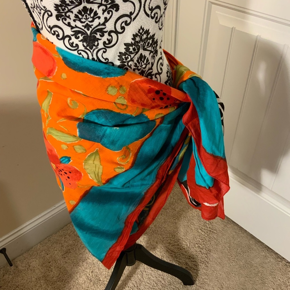 Vibrant Orange, Teal & Red Floral Scarf - Picture 3 of 5